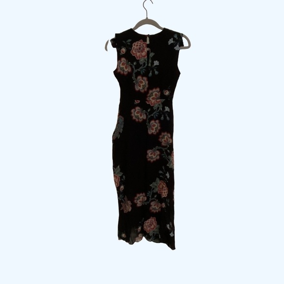 Pinko Black Floral Mid Length Ruched Cocktail Dress Ruffle Tie Hem Midi Lined - Picture 3 of 4